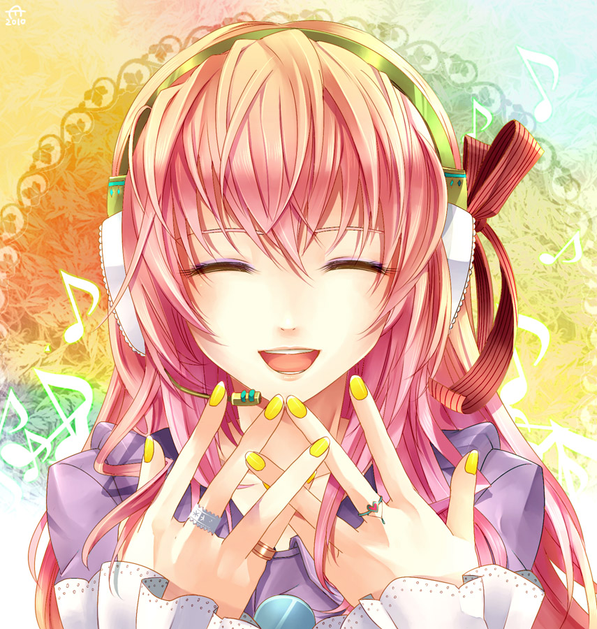 bow, hands, headphones, headset, jewelry, long_hair, megurine_luka, nail_polish