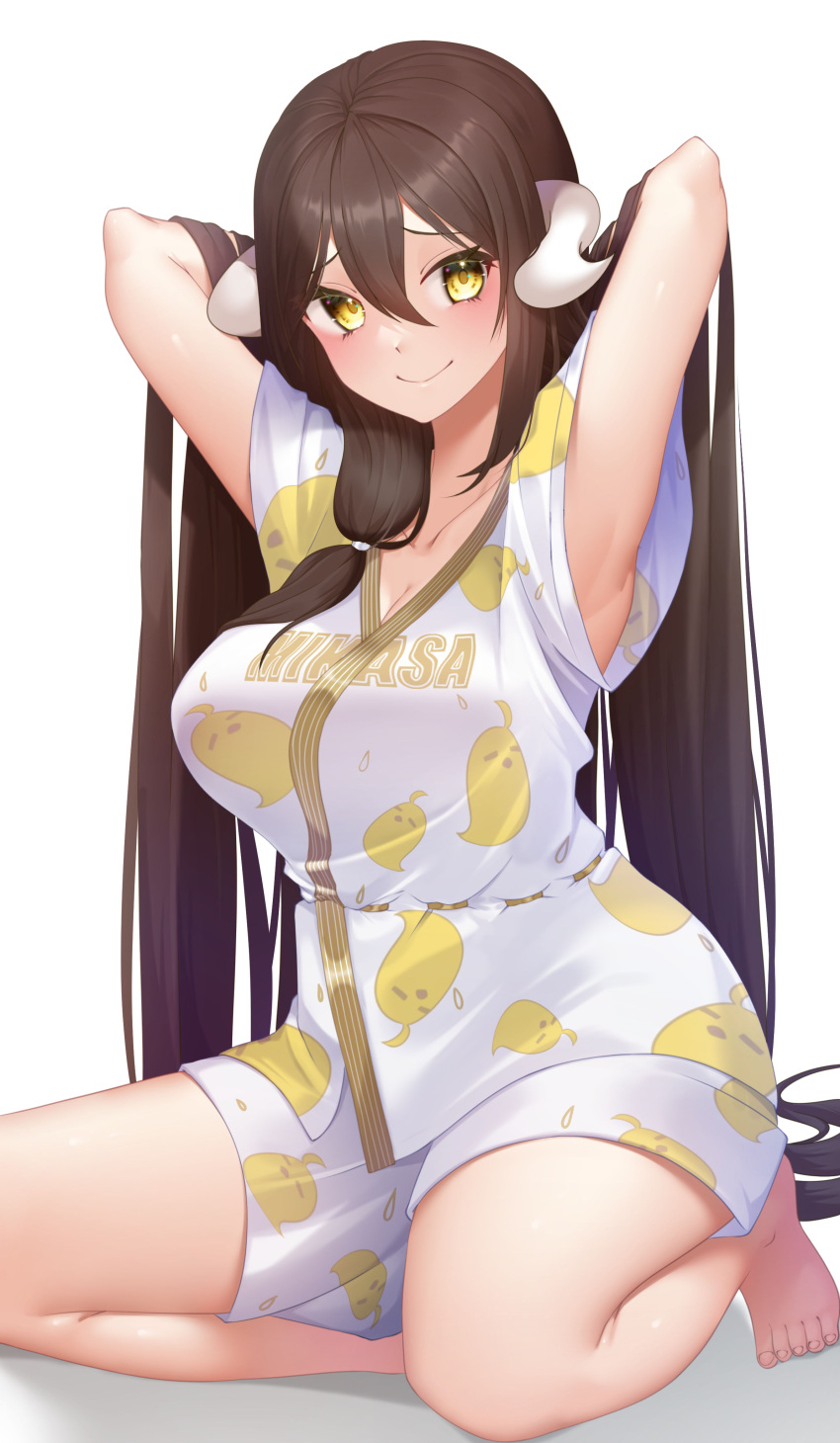 1girl, absurdres, armpits, azur_lane, barefoot, breasts, brown_hair, character_name