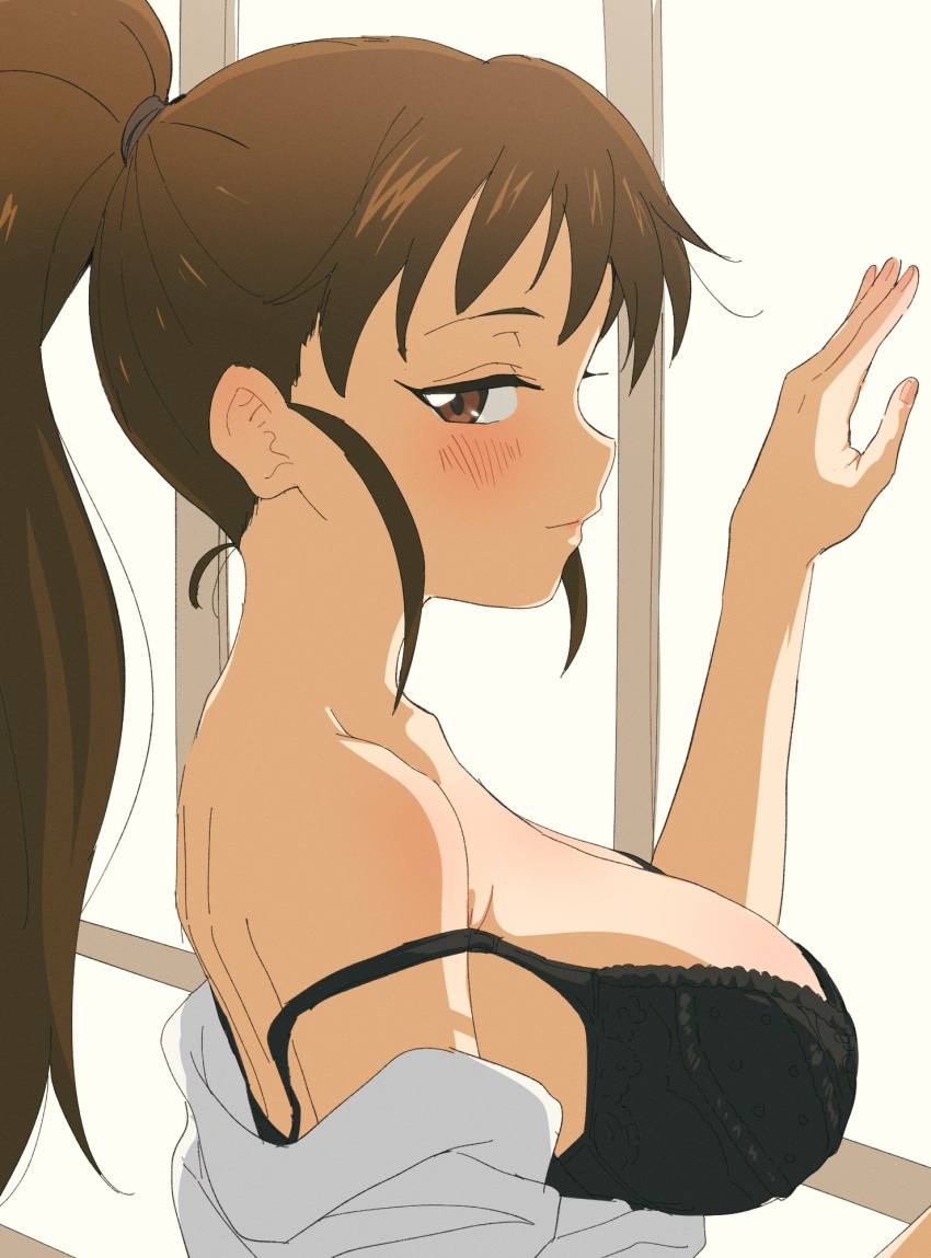1girl, bangs, black_bra, blush, bra, breasts, brown_eyes, brown_hair, closed_mouth, collarbone, hand_up, high_ponytail, highres, huge_breasts, long_hair, looking_at_viewer, open_clothes, ponytail, shirt, sincos, solo, taneshima_popura, underwear, upper_body, very_long_hair, white_shirt, working!!