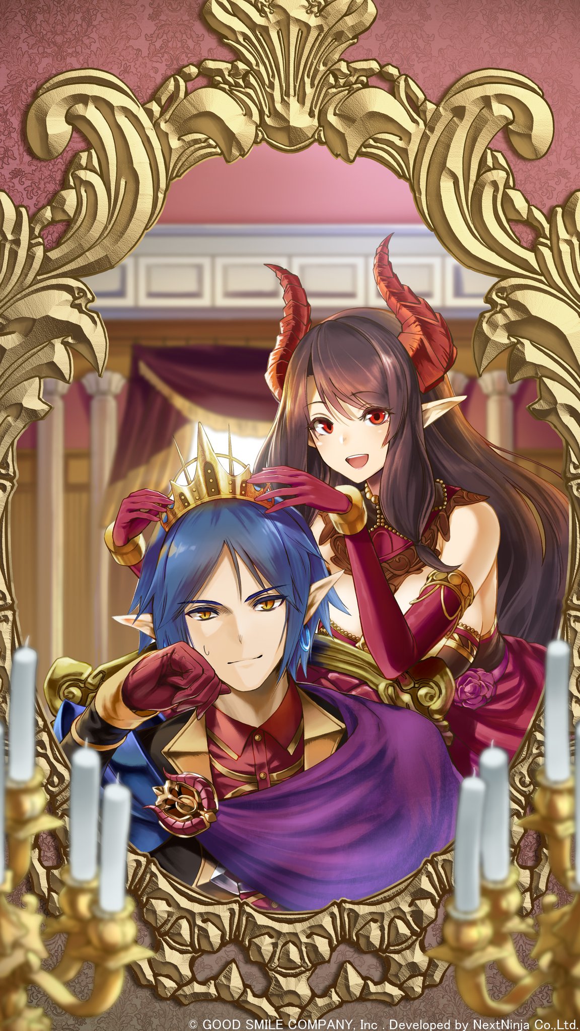 blue_hair, brown_hair, candlestand, demon, demon_boy, demon_girl, dress, gloves, grand_summoners, highres, horns, juno_(grand_summoners), mirror, red_eyes, red_gloves, smile, sweatdrop, tiara, vox_(grand_summoners), yellow_eyes