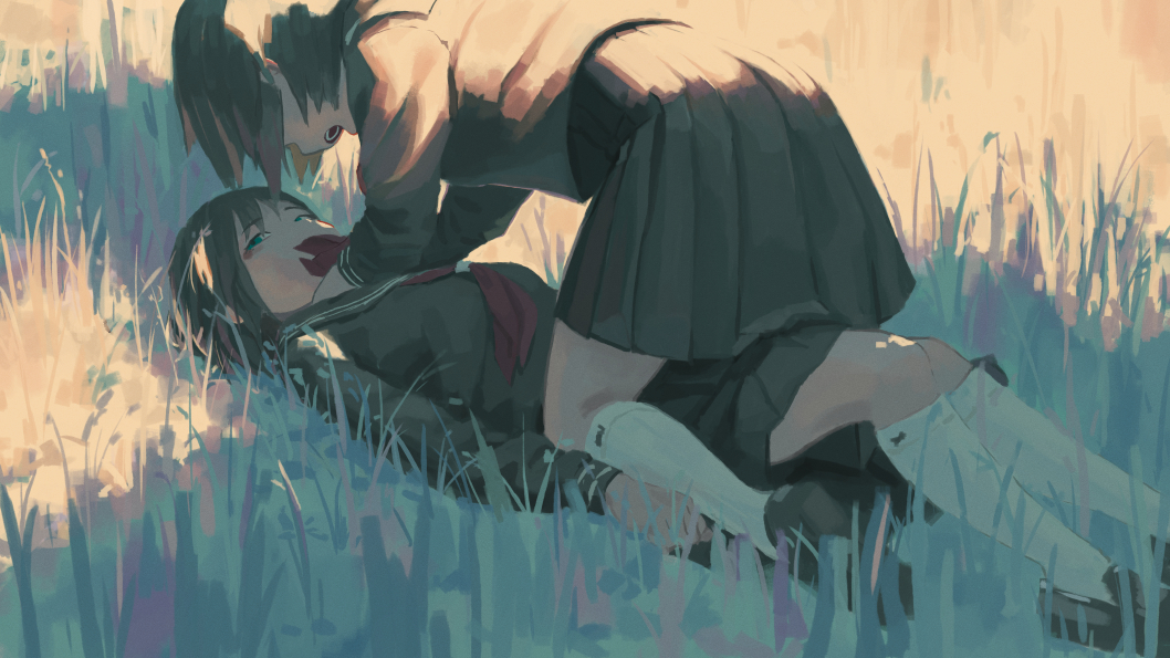2girls, aqua_eyes, asphyxiation, black_blouse, black_footwear, black_hair, black_serafuku, black_skirt, blouse, choking, eyebrows_visible_through_hair, full_body, girl_on_top, grass, hehe_(taiwan), kneehighs, loafers, long_sleeves, lying, multiple_girls, neckerchief, on_back, on_ground, open_mouth, original, outdoors, pleated_skirt, red_neckwear, sailor_collar, school_uniform, serafuku, shoes, skirt, socks, white_legwear