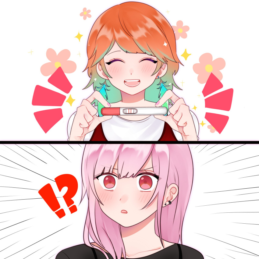 !, !?, 2girls, ?, blush, closed_eyes, couple, ear_piercing
