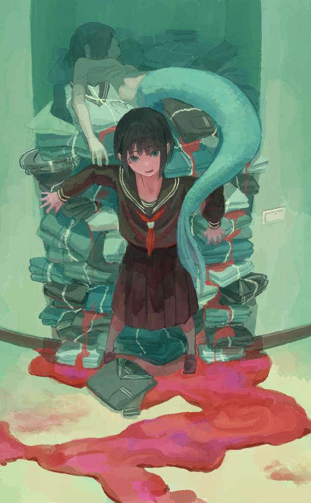 2girls, black_blouse, black_hair, black_serafuku, black_skirt, blood, blouse, brown_footwear, clothes, completely_nude, eyebrows_visible_through_hair, full_body, hehe_(taiwan), indoors, looking_at_viewer, mermaid, monster_girl, multiple_girls, neckerchief, nude, original, pleated_skirt, pool_of_blood, red_neckwear, ribs, sailor_collar, school_uniform, serafuku, short_hair, skirt, socks, white_legwear