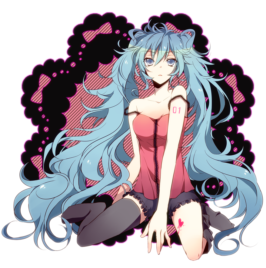 black_legwear, blue_eyes, blue_hair, bodypaint, hatsune_miku, long_hair, loose_thighhigh, ponjiritsu