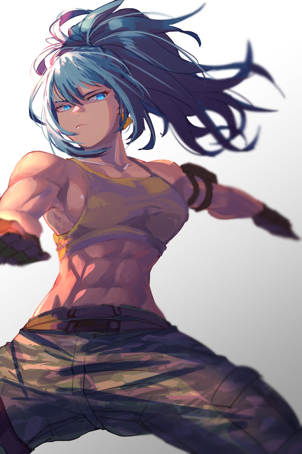 1girl, abs, ammunition_pouch, armlet, bare_shoulders, belt, biceps, blue_eyes, blue_hair, breasts, camouflage, camouflage_pants, character_name, dog_tags, earrings, eyes, gloves, highres, jewelry, large_breasts, leona_heidern, midriff, military, military_uniform, muscular, muscular_female, pants, ponytail, pouch, rasetsu001, sleeveless, solo, standing, tank_top, the_king_of_fighters, the_king_of_fighters_xiv, the_king_of_fighters_xv, triangle_earrings, uniform, white_background, yellow_tank_top