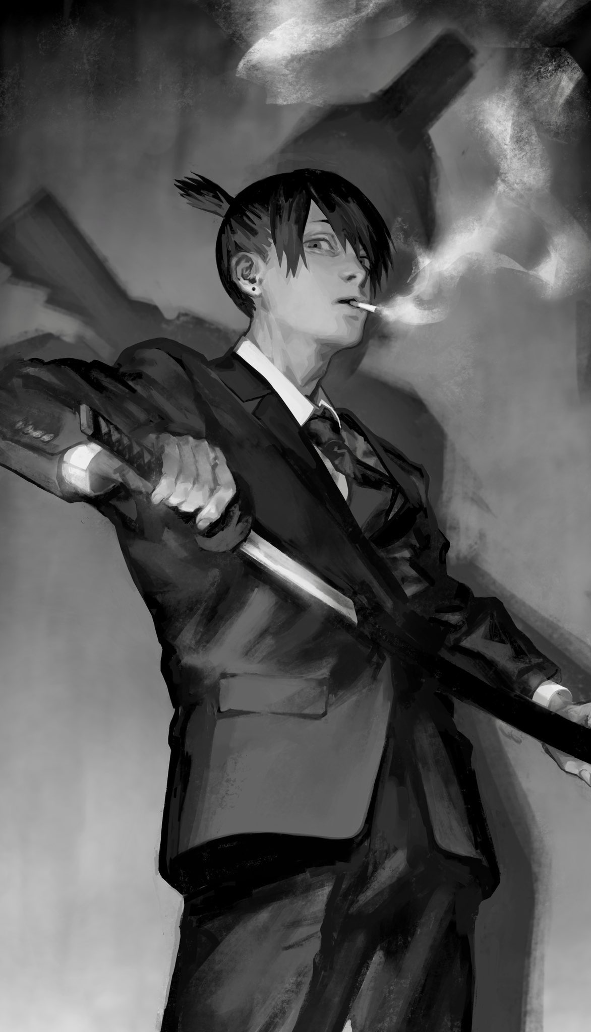 1boy, bangs, buttons, chainsaw_man, cigarette, collared_shirt, cowboy_shot, different_shadow