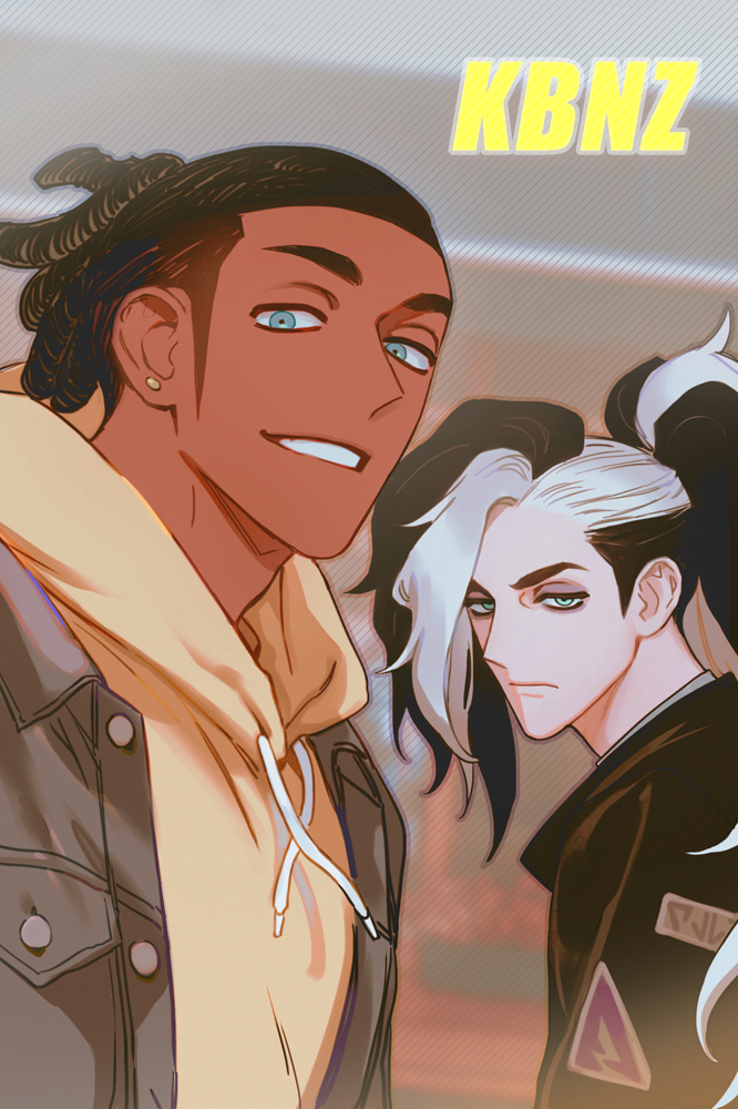 2boys, alternate_costume, black_hair, brown_hair, buttons, commentary_request, dark_skin, dark_skinned_male
