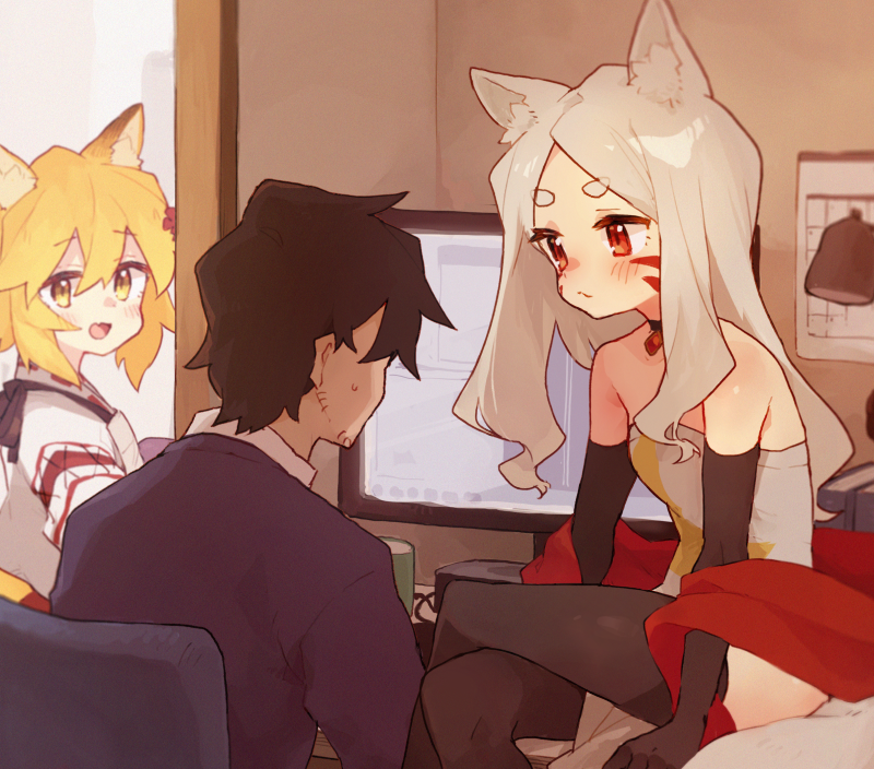 1boy, 2girls, animal_ear_fluff, animal_ears, black_legwear, black_sleeves, blonde_hair, book