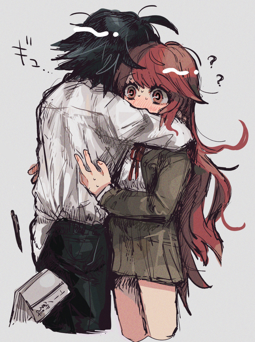 1boy, 1girl, ?, bangs, black_hair, black_pants, blush, book