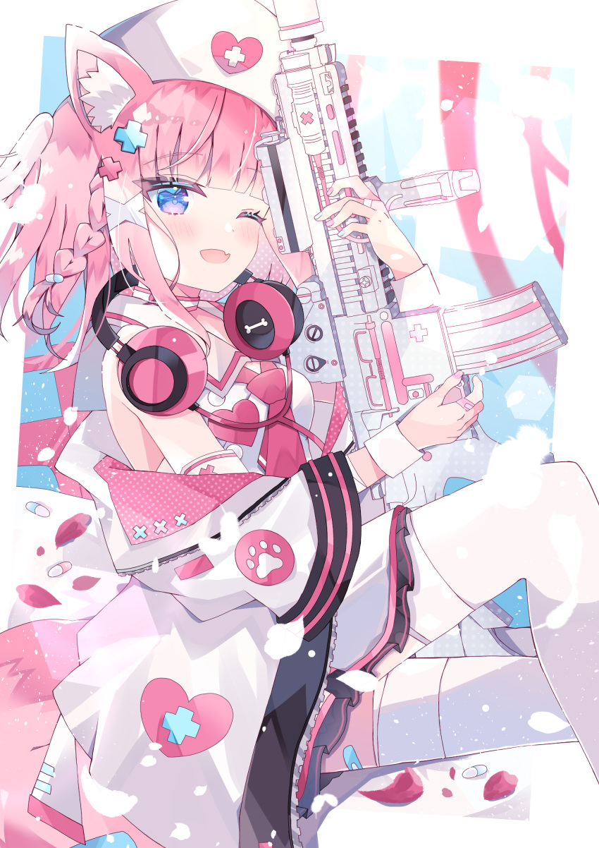 1girl, animal_ear_fluff, animal_ears, aoi_yugina, assault_rifle, bandaid, bangs, bare_shoulders