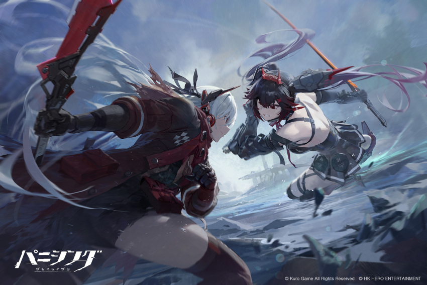 2girls, backless_dress, backless_outfit, bangs, black_hair, breasts, dress, dual_persona, eyebrows_visible_through_hair, fighting, gradient_hair, hair_ornament, headgear, highres, holding, holding_sword, holding_weapon, long_hair, looking_at_viewer, lucia_(punishing:_gray_raven), lucia_s_crimson_abyss, mechanical_arms, medium_breasts, mossi, motion_blur, multicolored_hair, multiple_girls, pleated_dress, punishing:_gray_raven, red_eyes, red_scarf, scarf, shorts, sword, thigh-highs, torn_clothes, weapon, white_hair