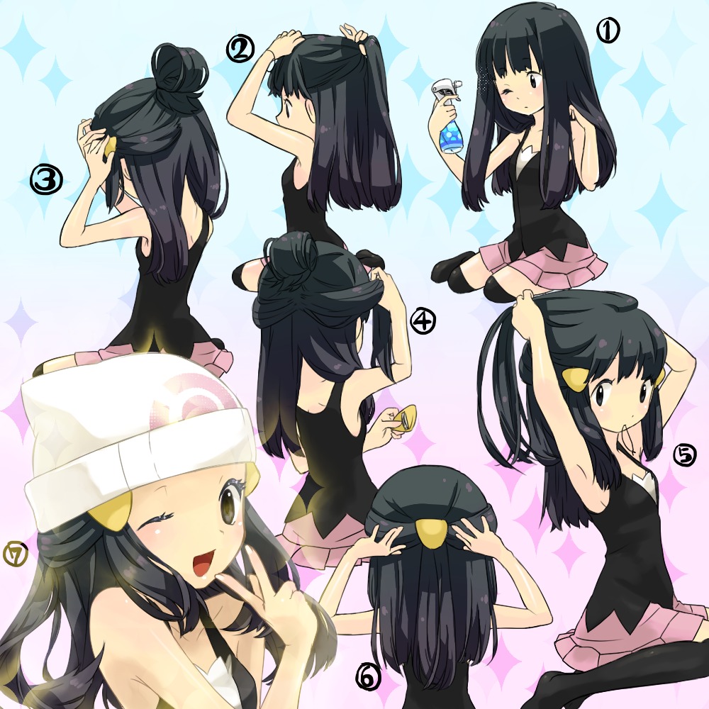 armpits, beanie, black_hair, black_legwear, character_sheet, hair_ornament, hairdressing, hat