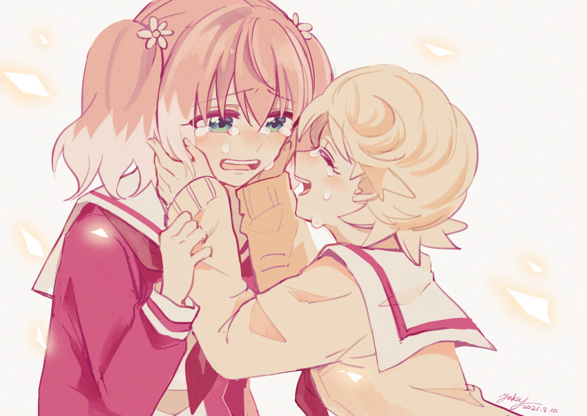2girls, :d, bangs, blonde_hair, blue_eyes, closed_eyes, crying, dated