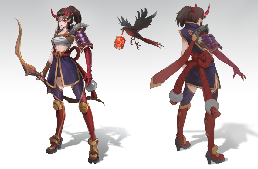 1girl, alternate_costume, ashe_(league_of_legends), bird, boots, breasts, brown_hair, character_sheet