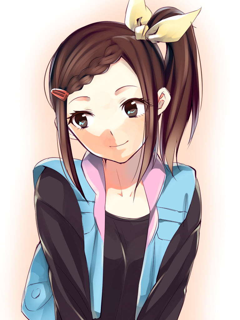 1girl, bow, braid, braided_bangs, brown_eyes, brown_hair, closed_mouth, hair_bow