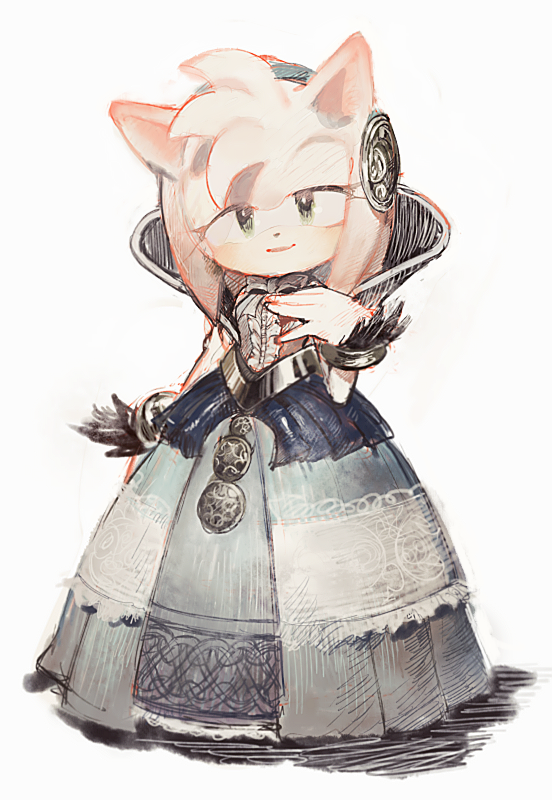 1girl, amy_rose, animal, animal_ears, aoki_(fumomo), blue_dress, bow, bowtie, bracelet, closed_mouth, commentary_request, detached_sleeves, dress, feathers, frills, full_body, furry, gloves, green_eyes, half-closed_eyes, hand_up, hedgehog_ears, hedgehog_girl, jewelry, lace-trimmed_dress, lace_trim, lady_of_the_lake, long_dress, looking_at_viewer, nimue_(sonic), nimue_(sonic_the_hedgehog), pink_hair, simple_background, smile, solo, sonic_(series), sonic_and_the_black_knight, standing, white_background, white_gloves