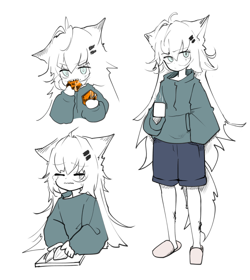 1girl, absurdres, ahoge, animal_ears, arknights, blue_eyes, blue_shorts, crying
