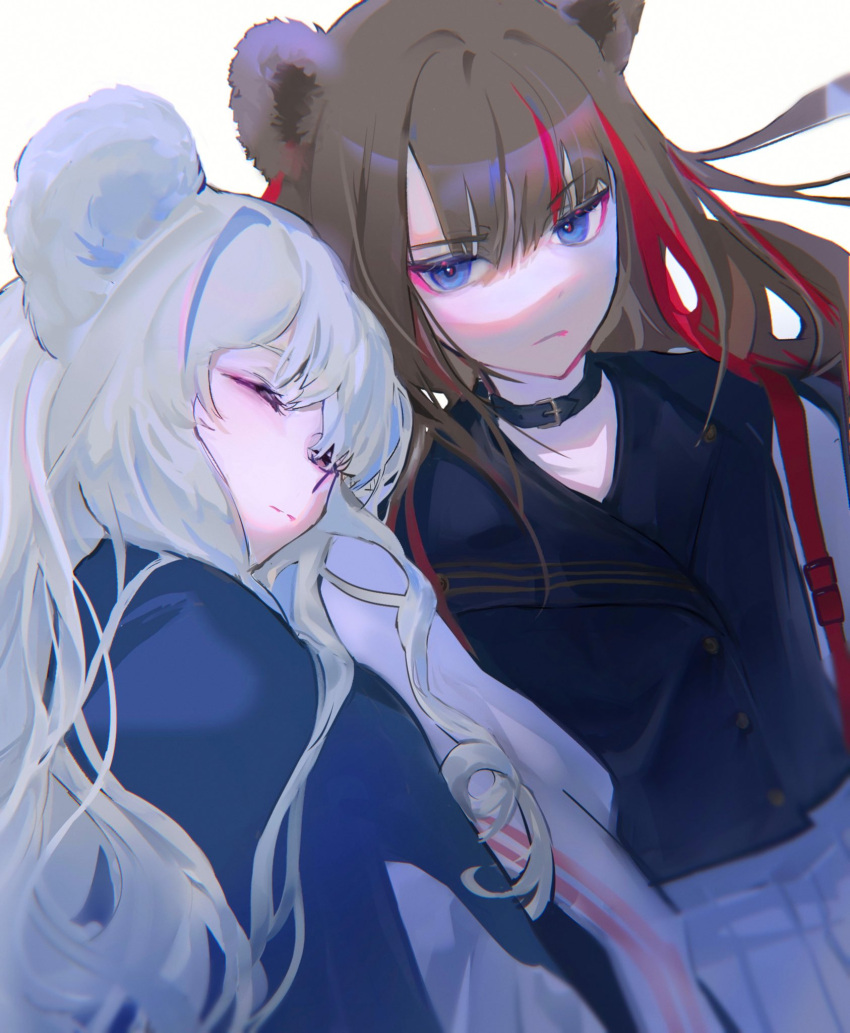 2girls, ak_(ak98110881), animal_ears, arknights, bear_ears, black_collar, blue_hair, blue_jacket