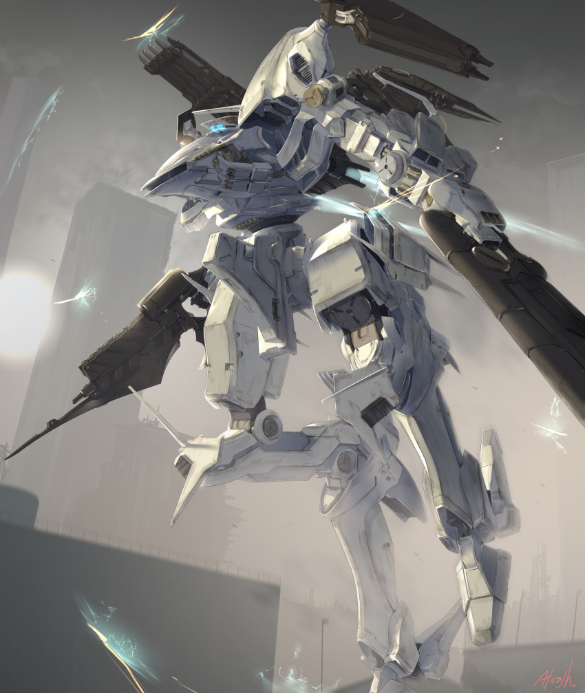 armored_core, armored_core:_for_answer, artist_name, atsajh, blue_eyes, commission, dual_wielding, gun