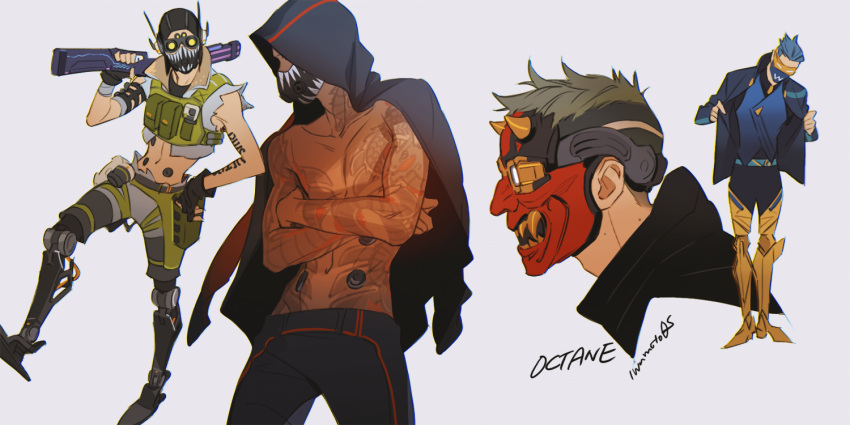 1boy, apex_legends, arm_tattoo, black_gloves, blue_hair, blue_jacket, chest_tattoo, crossed_arms