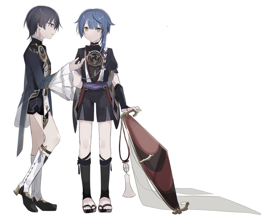 2boys, armor, bangs, black_gloves, black_hair, black_shorts, blue_eyes, blue_hair