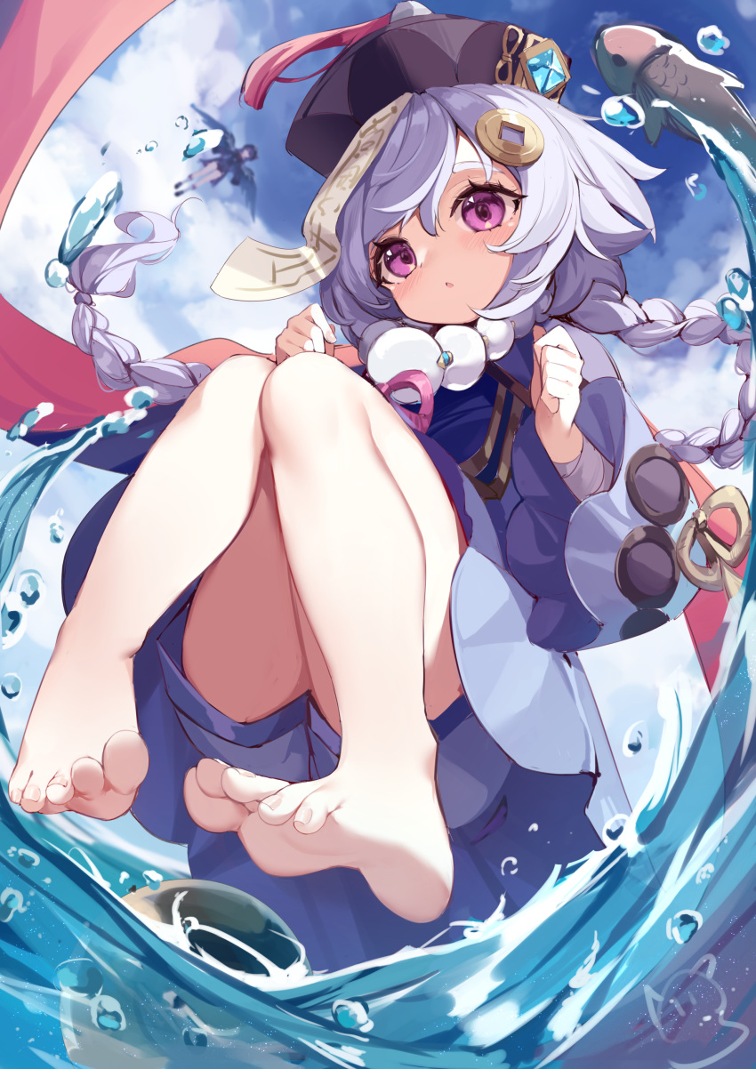 2girls, absurdres, bangs, bare_legs, barefoot, bead_necklace, beads, black_headwear, blush, braid, chestnut_mouth, clouds, coin_hair_ornament, commentary, day, feet, fish, full_body, genshin_impact, hat, highres, hu_tao, jewelry, jiangshi, long_hair, long_sleeves, multiple_girls, nahaki, necklace, ocean, ofuda, purple_hair, qing_guanmao, qiqi_(genshin_impact), sky, soles, symbol_commentary, toes, twin_braids, violet_eyes, water, wide_sleeves, wind_glider