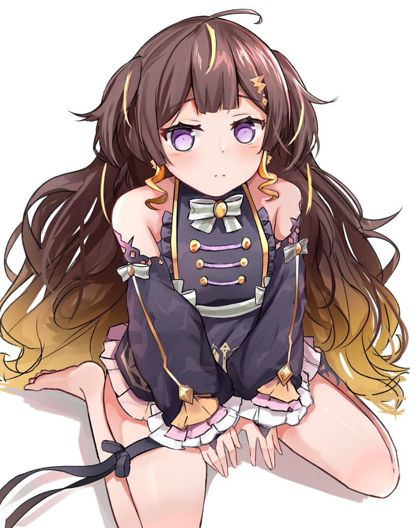1girl, ahoge, anya_melfissa, bangs, bare_legs, barefoot, brown_hair, commentary