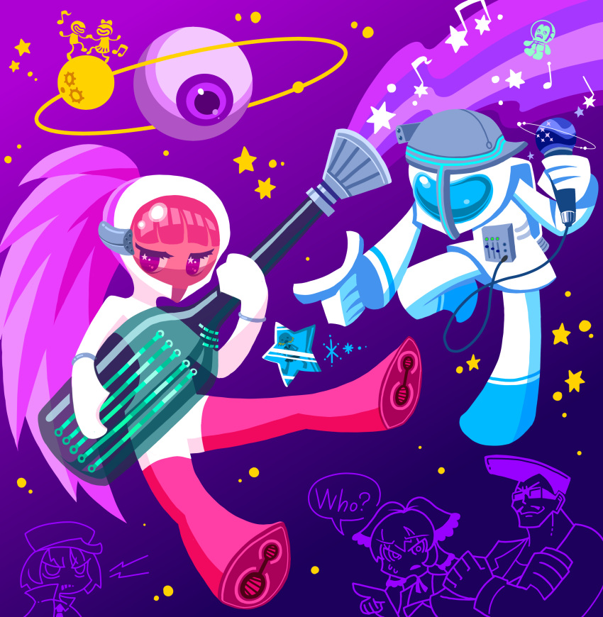 1boy, 3girls, 4others, absurdres, ambiguous_gender, astronaut, bangs, blonde_hair