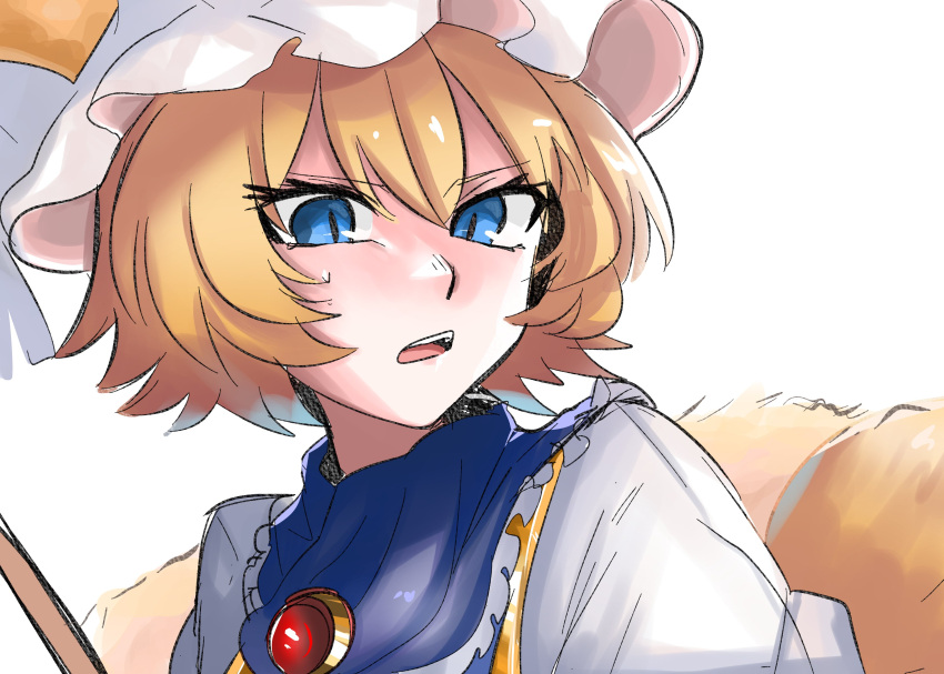 1girl, absurdres, angry, animal_ears, blonde_hair, blue_eyes, broom, dress