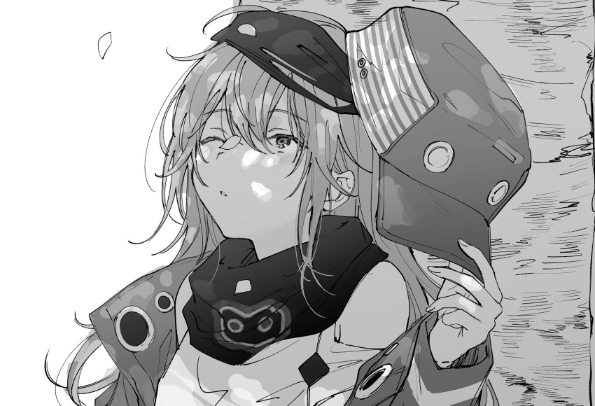 1girl, dappled_sunlight, dm_owr, g11_(girls_frontline), girls_frontline, greyscale, hat, highres