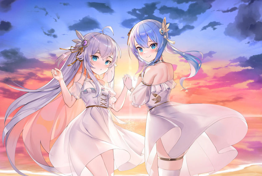 2girls, :o, absurdres, ahoge, bangs, bare_shoulders, blue_eyes, blue_hair