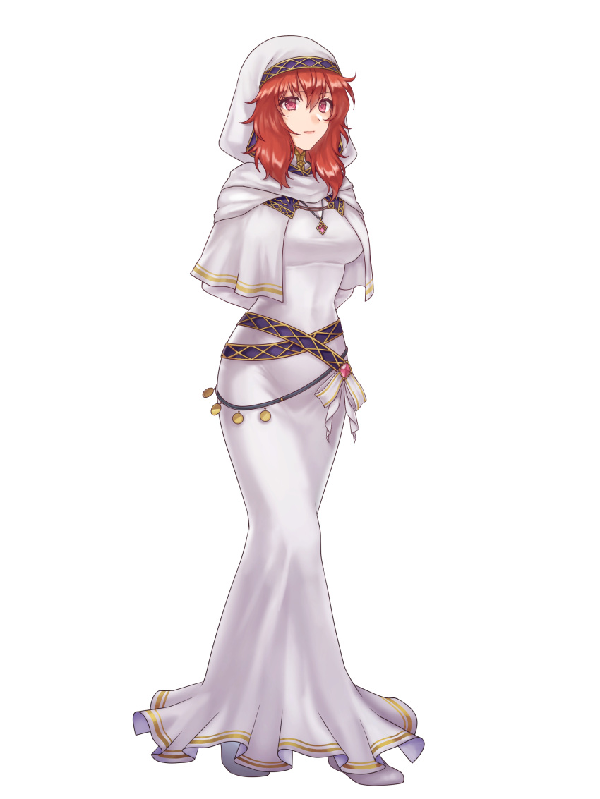 1girl, absurdres, arms_behind_back, belly_chain, breasts, commission, covered_navel, dress, fire_emblem, fire_emblem:_mystery_of_the_emblem, fire_emblem:_shadow_dragon_and_the_blade_of_light, habit, hazuki_(nyorosuke), highres, jewelry, lena_(fire_emblem), long_dress, looking_away, medium_breasts, necklace, nun, red_eyes, redhead, restrained, robe, simple_background, skeb_commission, solo, veil, white_background, white_dress