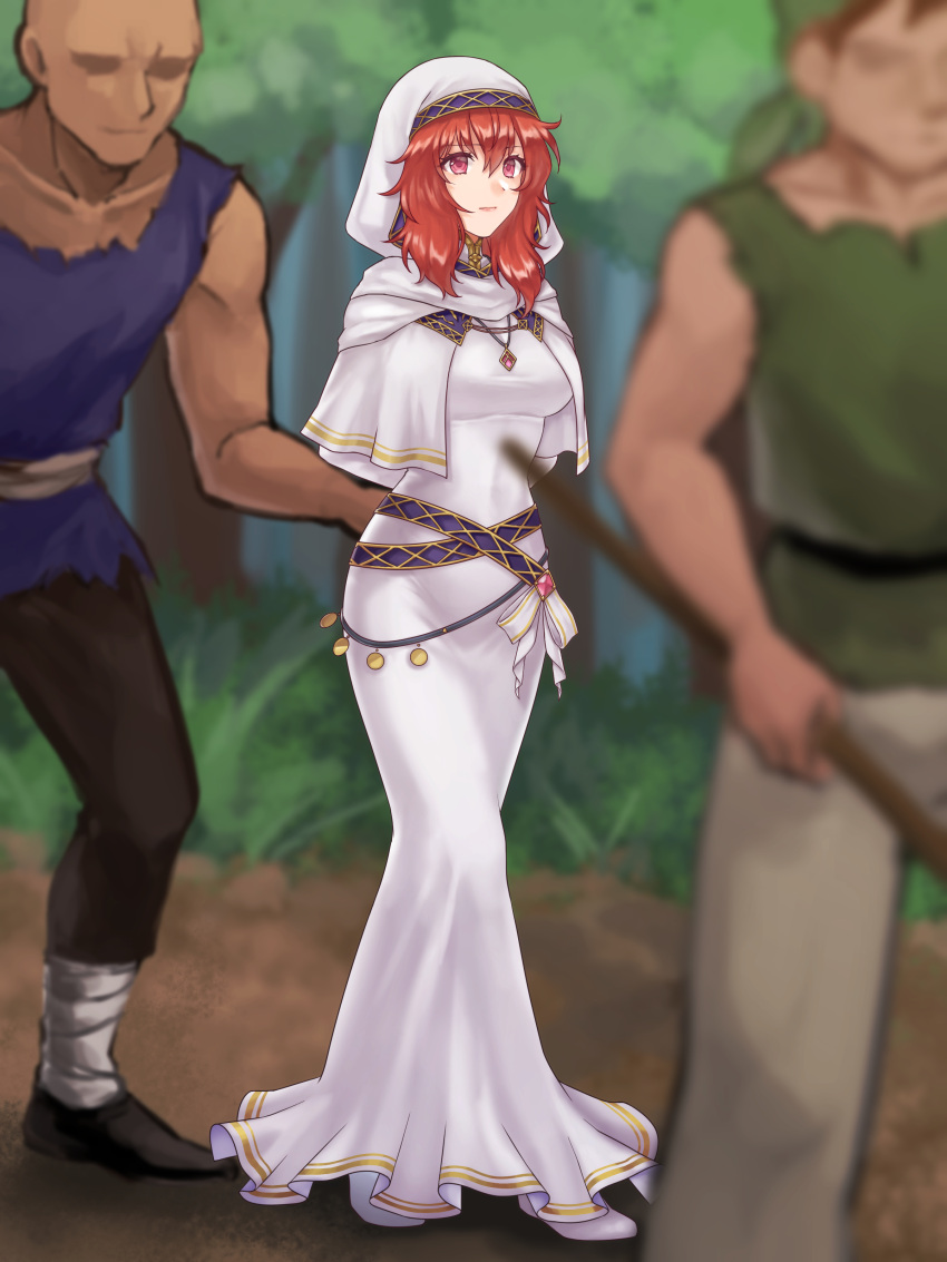 1girl, 2boys, absurdres, arms_behind_back, belly_chain, blurry, breasts, commission