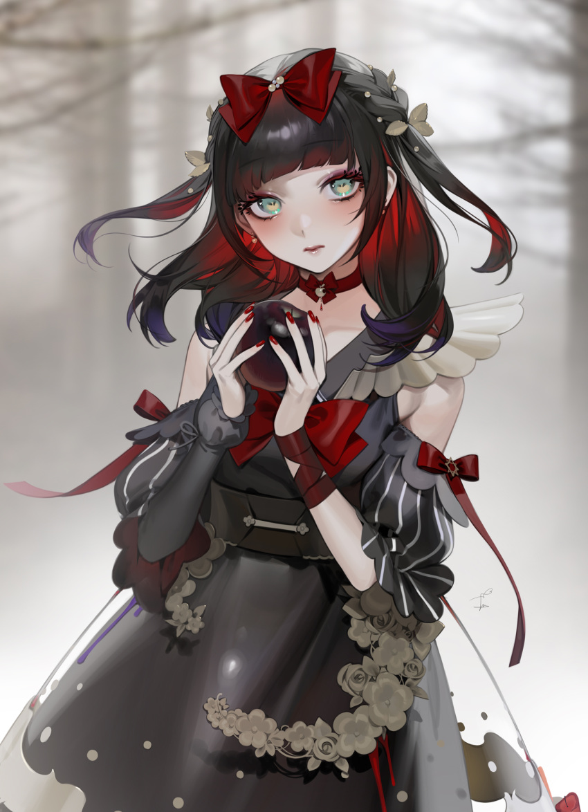 1girl, apple, asymmetrical_sleeves, bangs, bare_shoulders, black_dress, black_hair, black_sleeves