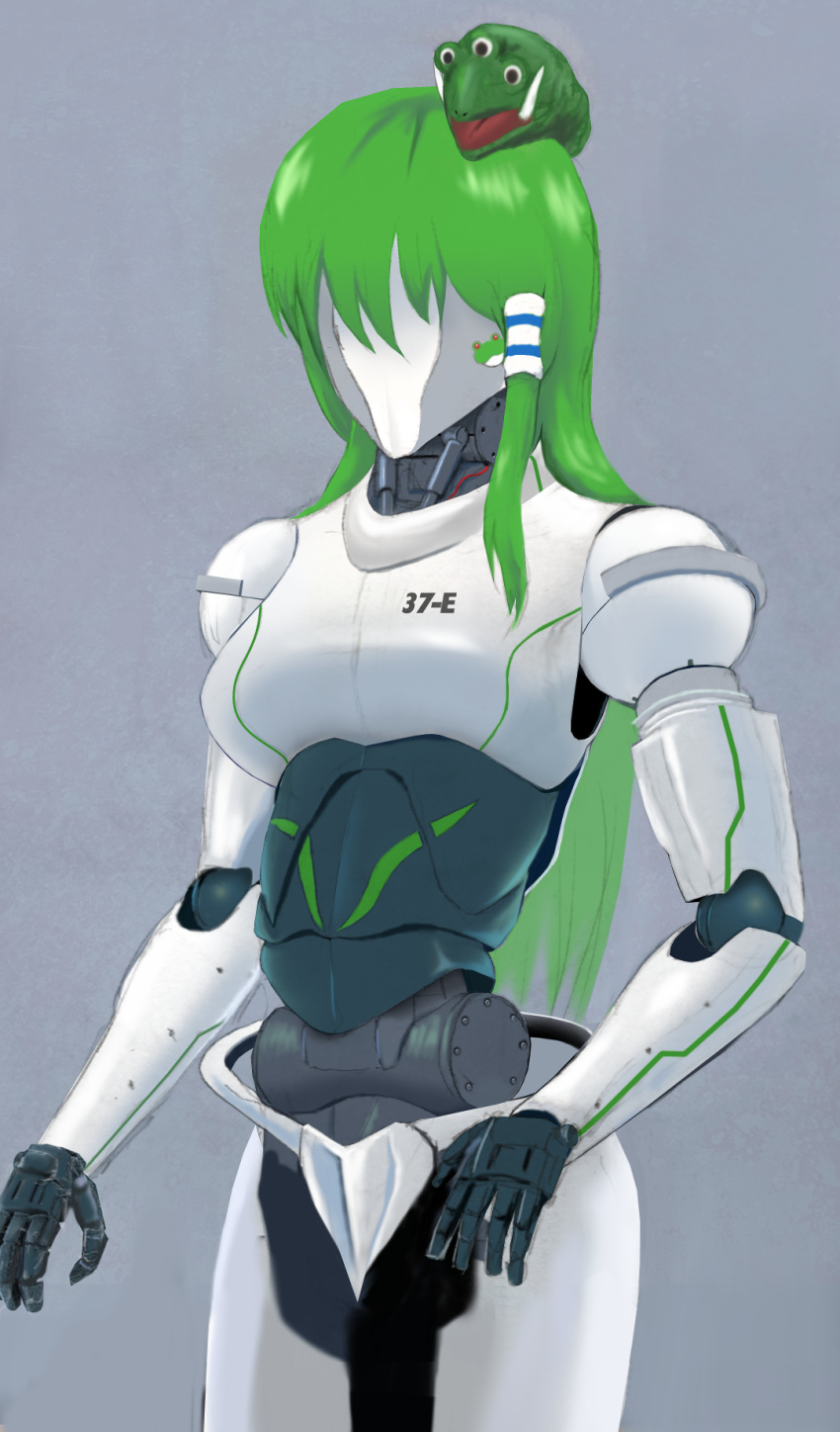 1girl, android, animal_print, bangs, commentary_request, cookie_(touhou), cowboy_shot, creature