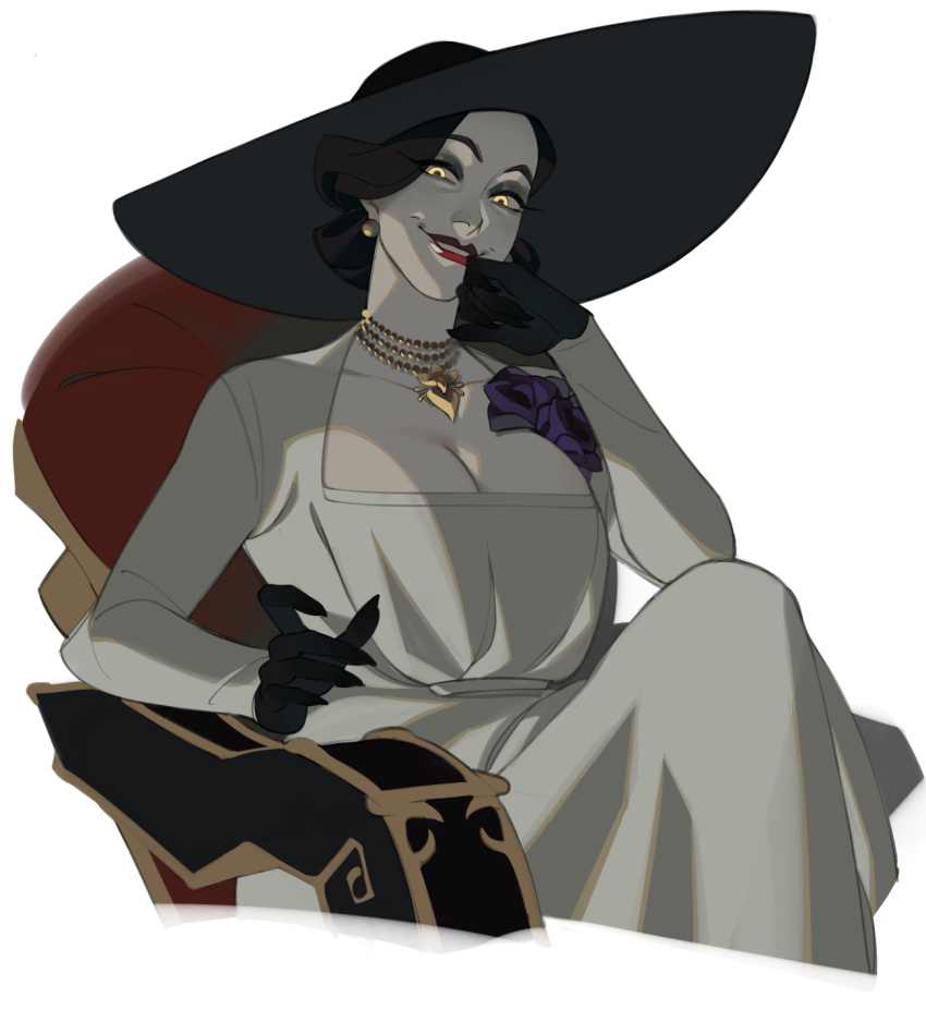 1girl, alcina_dimitrescu, black_gloves, black_hair, dress, earrings, evil_smile, flower