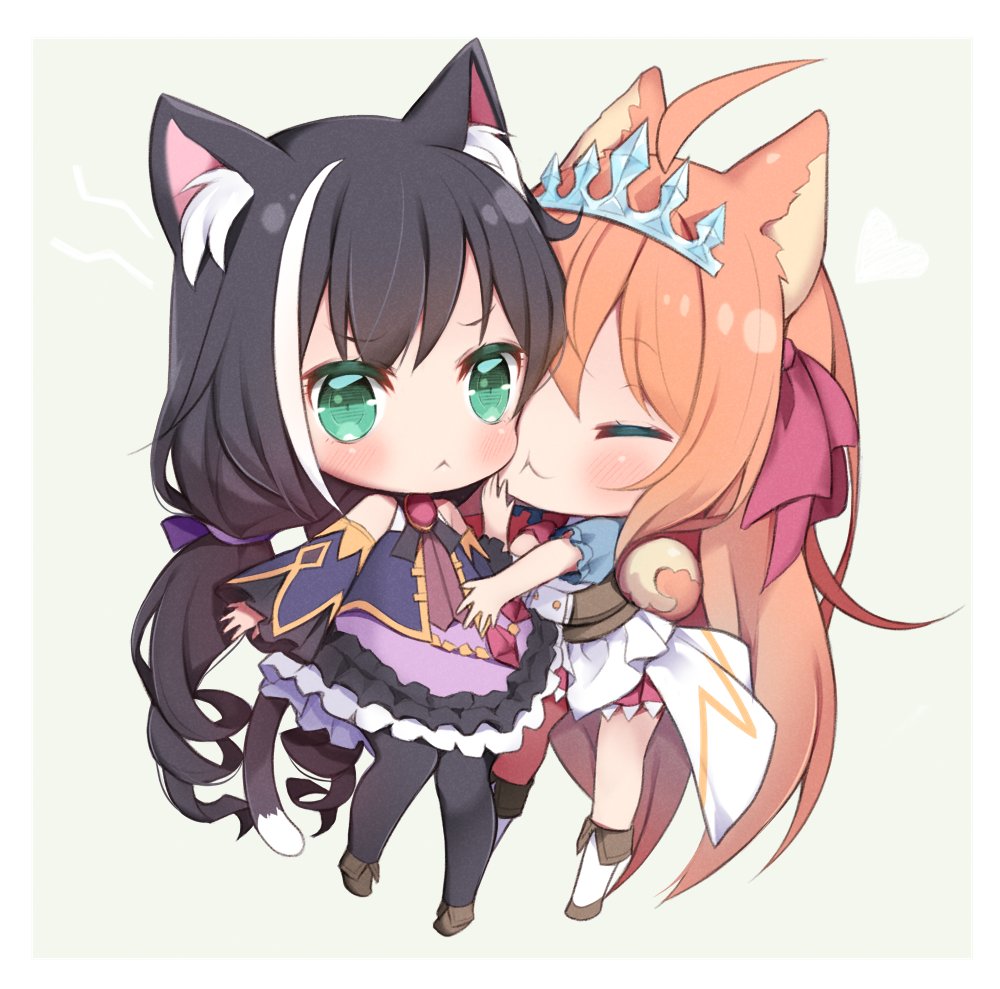 2girls, ahoge, animal_ears, arashiya, bangs, bare_shoulders, black_hair, black_legwear