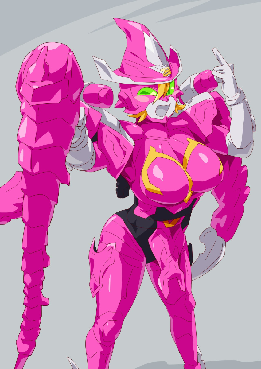 1girl, blonde_hair, blush_stickers, breasts, colored_skin, dragon_girl, green_eyes, hat, highres, kikai_sentai_zenkaiger, mecha, mechanical_wings, multiple_girls, one_eye_closed, otokamu, pink_skin, staff, super_sentai, tokusatsu, wings, witch, witch_hat, zenkai_magine