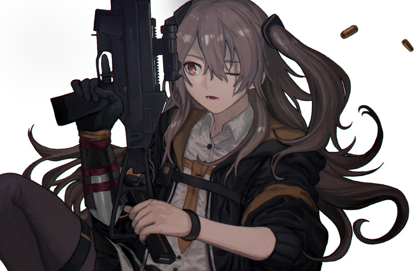 1girl, 5kpgte, bracelet, brown_hair, commentary_request, girls_frontline, gun, h&amp;k_ump