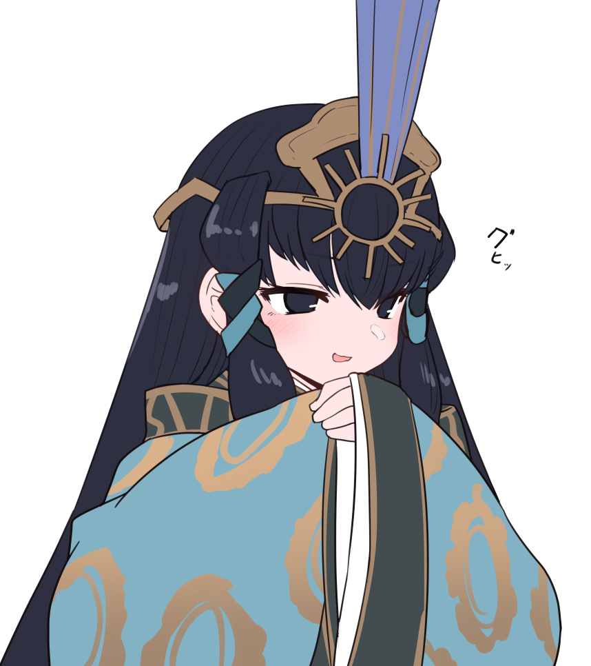 1girl, :d, black_eyes, black_hair, blush, hair_tubes, hand_up, kokorowa-hime