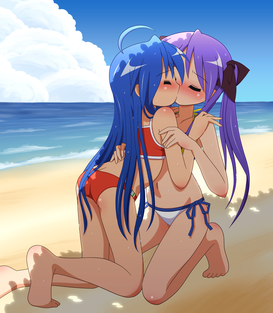 ahoge, ass, barefoot, beach, bikini, blue_hair, blush, closed_eyes