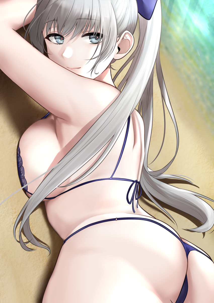 1girl, ass, azur_lane, back, beach, bow, breasts, closed_mouth