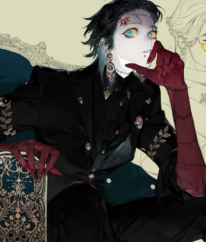 1boy, armchair, black_hair, black_jacket, black_pants, black_shirt, blue_eyes, chair