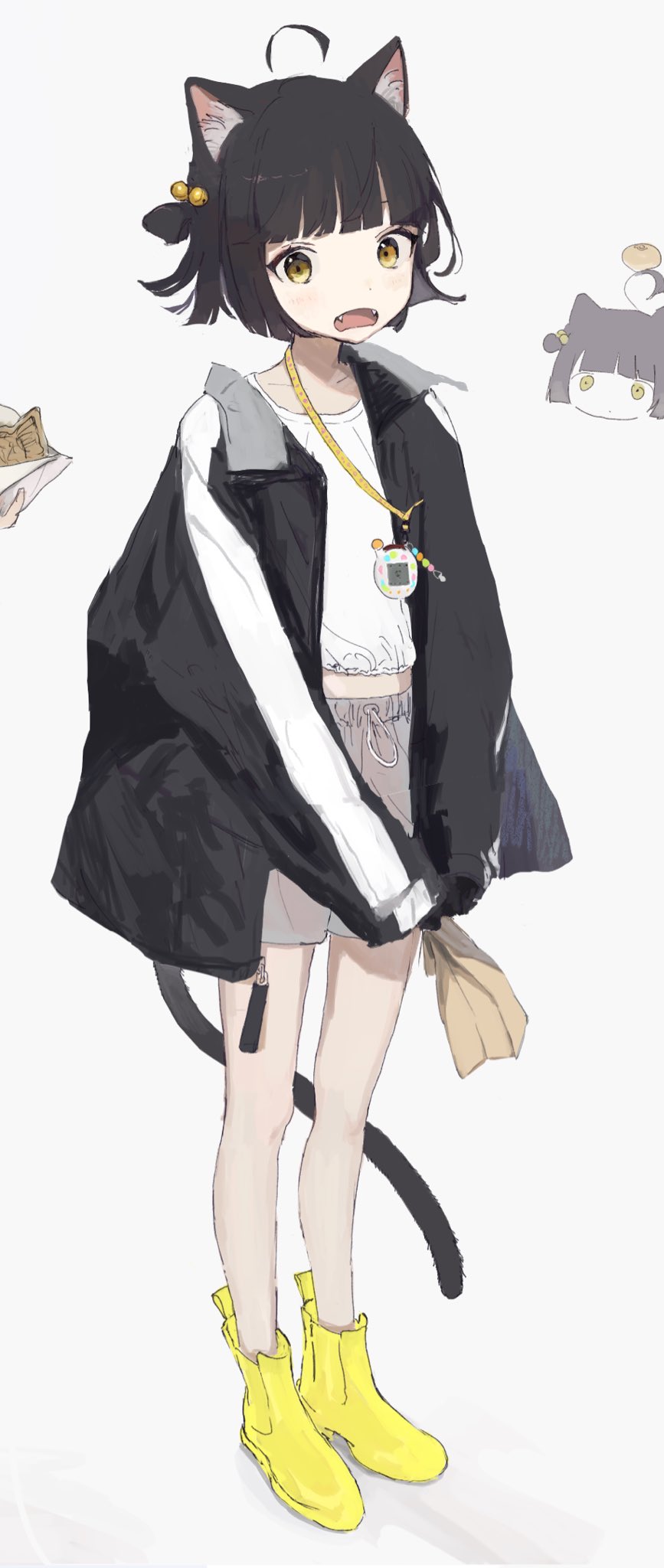 1girl, ahoge, animal_ear_fluff, animal_ears, bag, bare_legs, bell, black_hair