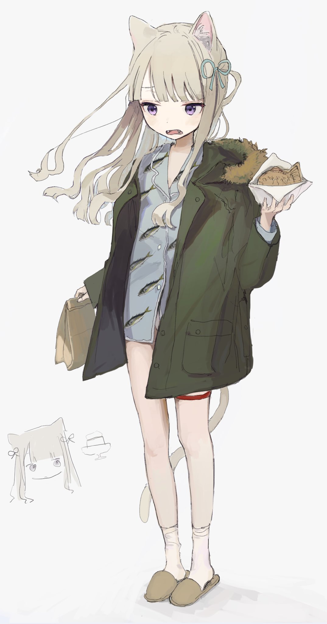 1girl, animal_ear_fluff, animal_ears, animal_print, aqua_ribbon, arm_up, bag, bare_legs
