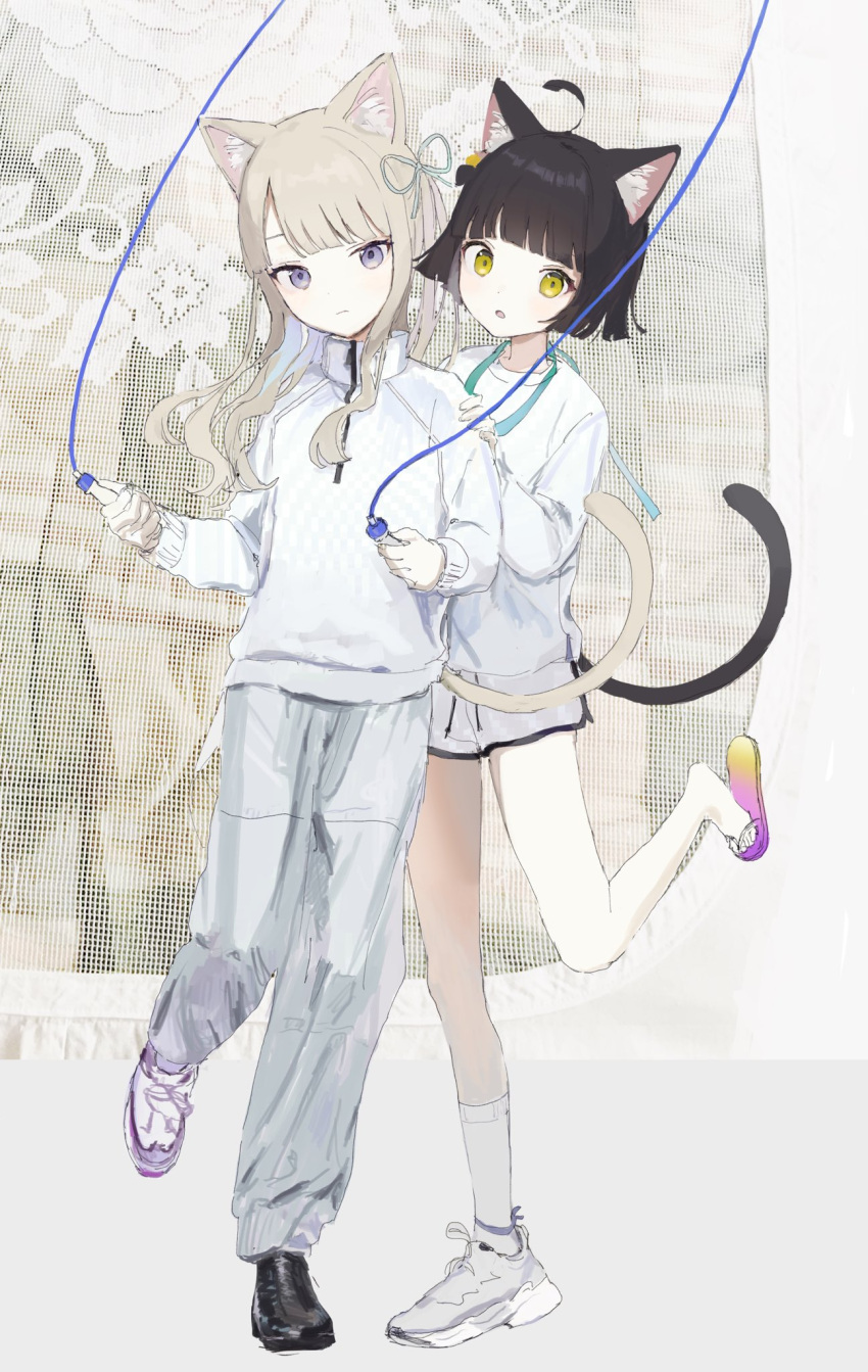 2girls, ahoge, animal_ear_fluff, animal_ears, aqua_neckwear, asymmetrical_footwear, asymmetrical_legwear, bare_legs, black_footwear, black_hair, blonde_hair, cat_ears, cat_girl, cat_tail, closed_mouth, expressionless, flip-flops, full_body, gradient_footwear, grey_background, high_collar, highres, jacket, jump_rope, leg_up, long_hair, long_sleeves, looking_at_viewer, multiple_girls, open_mouth, original, pants, purple_footwear, sandals, shikaiq, shirt, short_hair, short_shorts, shorts, socks, standing, tail, track_jacket, track_pants, track_suit, violet_eyes, white_footwear, white_jacket, white_legwear, white_pants, white_shirt, white_shorts, yellow_eyes, yellow_footwear