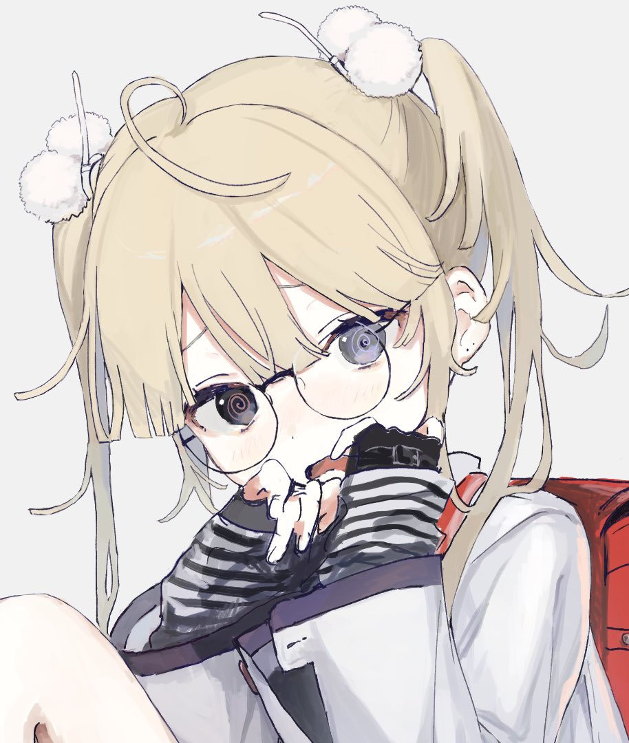 1girl, @_@, ahoge, backpack, bag, black_eyes, blonde_hair, child