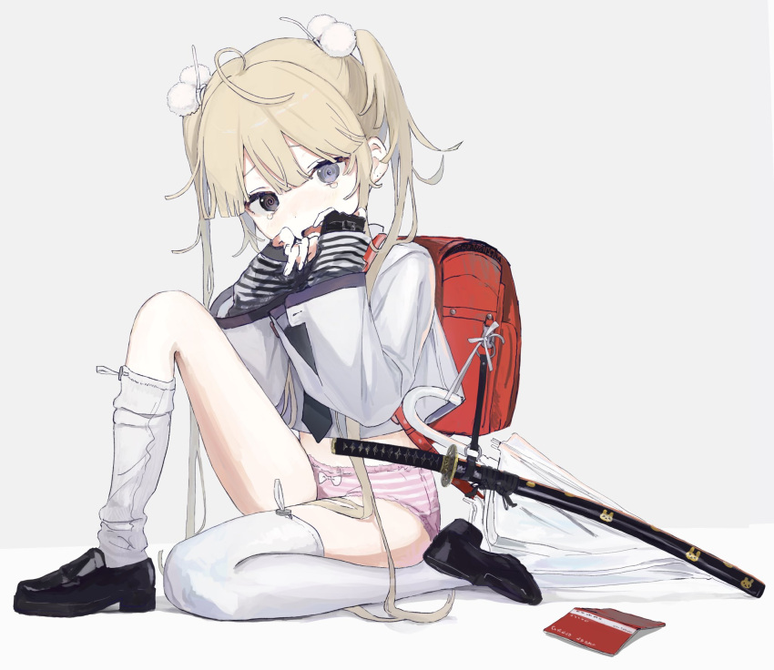 1girl, @_@, ahoge, arms_up, asymmetrical_legwear, backpack, bag, black_eyes, black_footwear, black_neckwear, blonde_hair, book, bow, bow_panties, child, commission, cropped_jacket, fingerless_gloves, full_body, gloves, grey_background, grey_eyes, heterochromia, highres, jacket, katana, kneehighs, loafers, long_hair, long_sleeves, looking_at_viewer, midriff, necktie, open_mouth, original, panties, pink_panties, pom_pom_(clothes), randoseru, red_bag, shikaiq, shoes, simple_background, sitting, skeb_commission, solo, striped, striped_gloves, striped_panties, sword, tearing_up, tears, thigh-highs, twintails, umbrella, underwear, weapon, white_jacket, white_legwear, white_panties, white_umbrella