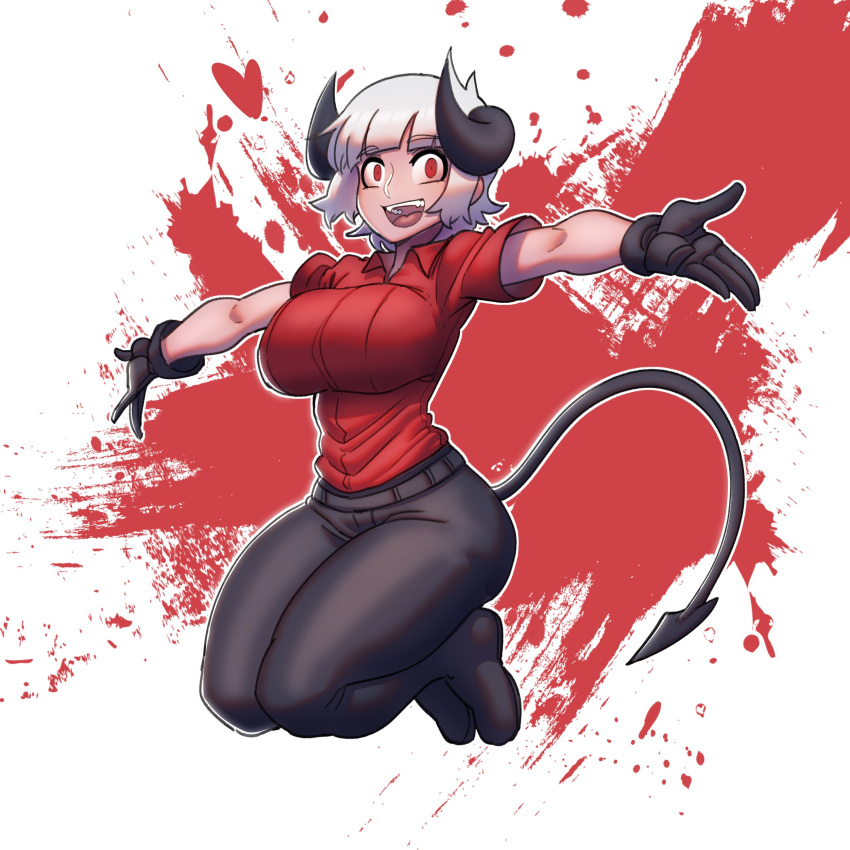 1girl, absurdres, azazel_(helltaker), black_footwear, black_gloves, black_horns, black_pants, black_tail