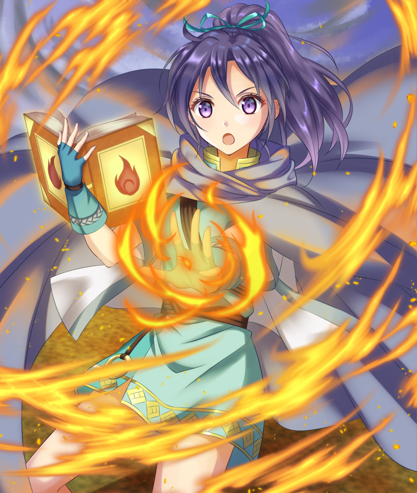 1girl, :o, absurdres, bangs, belt, book, cloak, commission